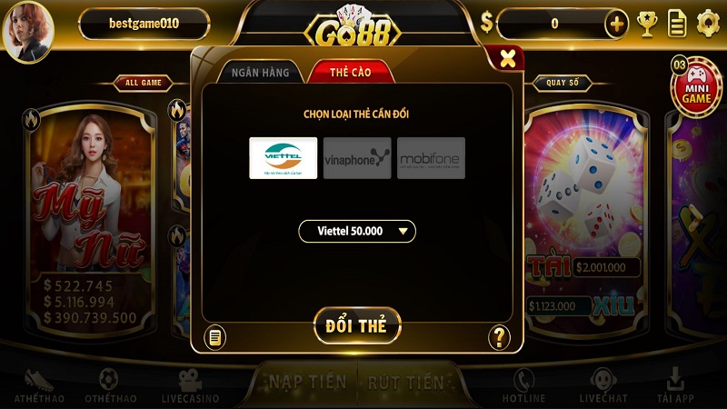Rút thưởng Go88 bằng thẻ điện thoại